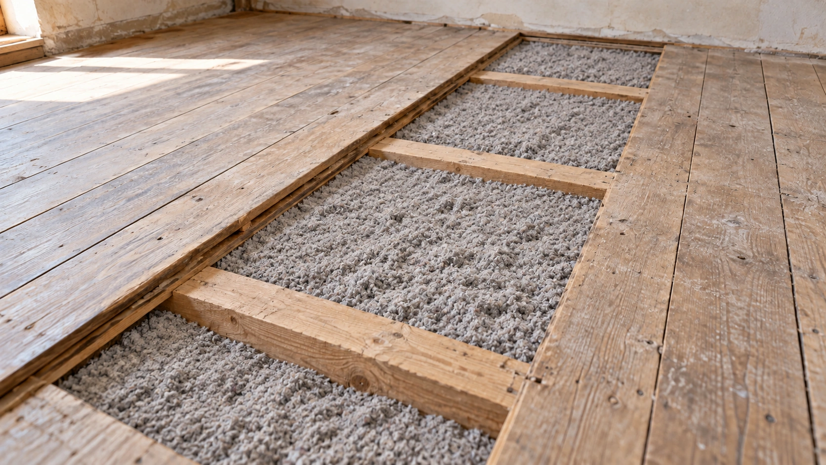 Geöffneter Dielenboden einer Holzbalkendecke mit Zellulosedämmung zwischen den Deckenbalken